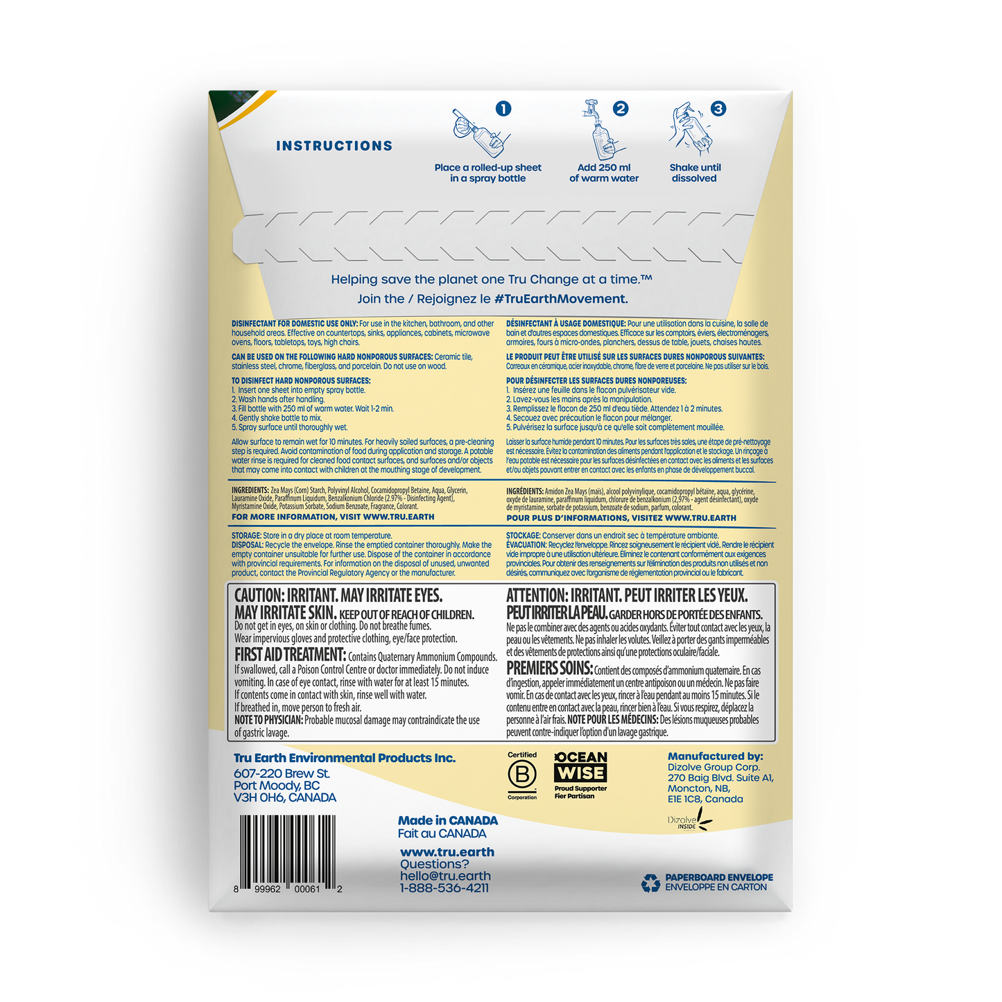 TruEarth Multi-Surface Cleaner Disinfectant Back of Package || 16 Sheets