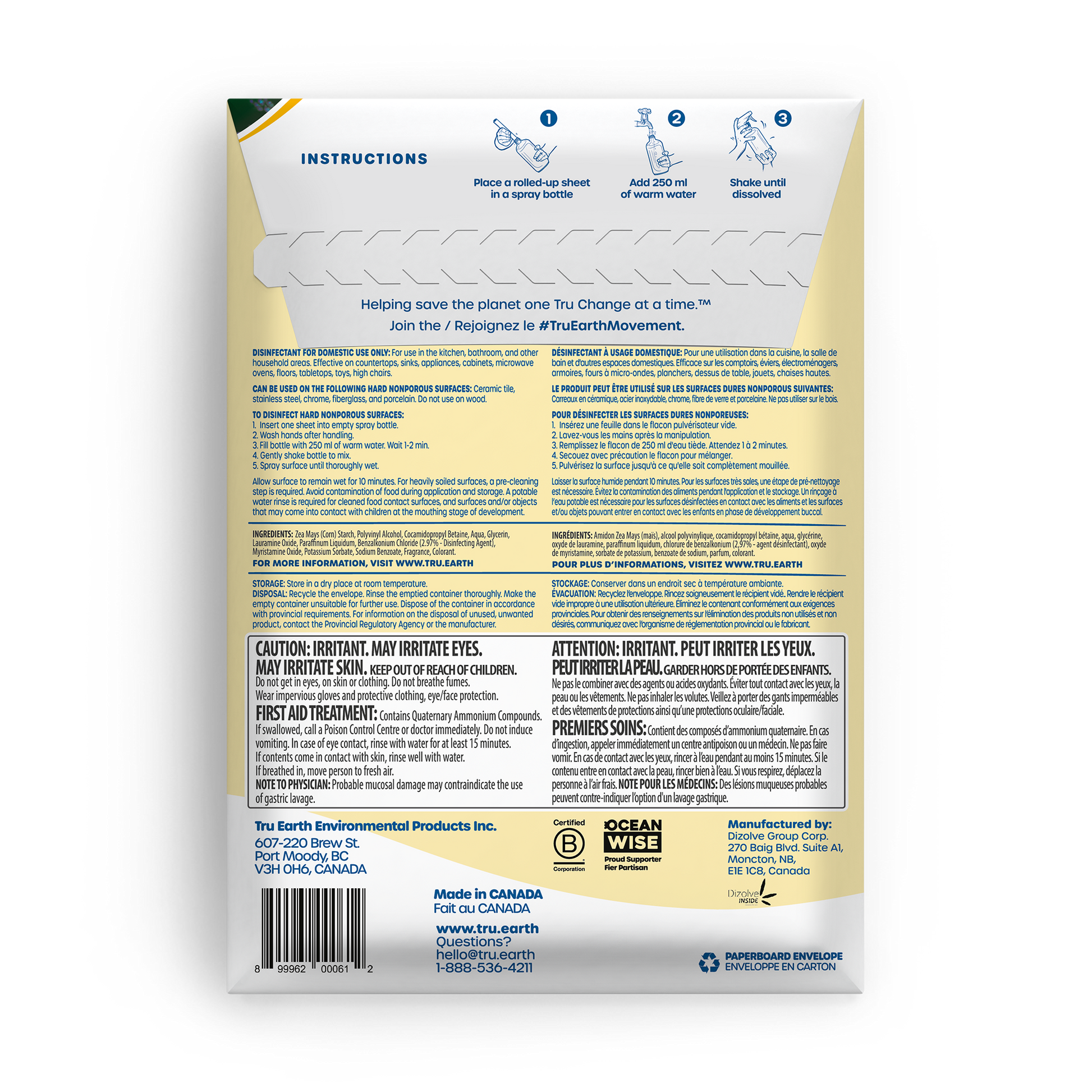 TruEarth Multi-Surface Cleaner Disinfectant Back of Package || 16 Sheets