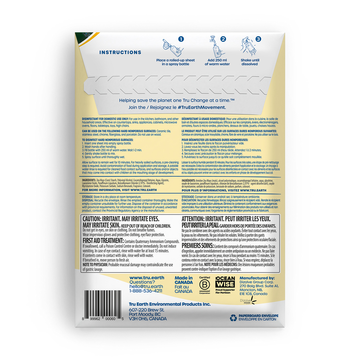 TruEarth Multi-Surface Cleaner Disinfectant Back of Package || 8 Sheets