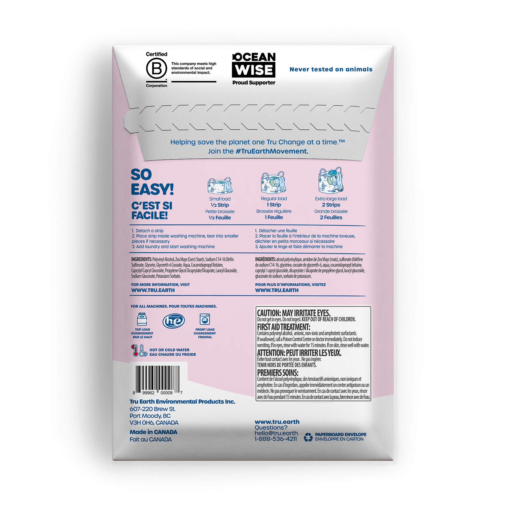 TruEarth Laundry Detergent Baby Fragrance-Free Back of Package || 64 Strips