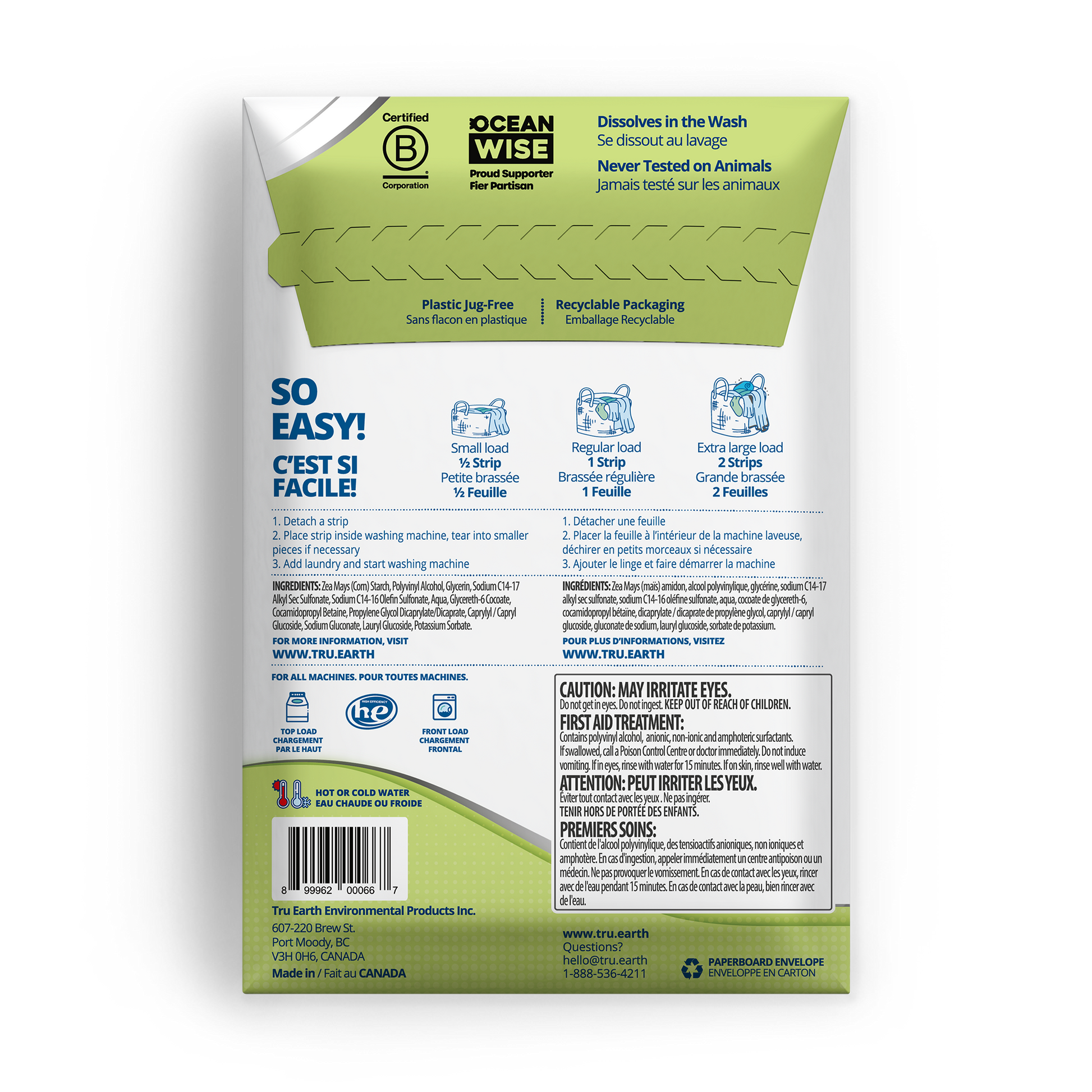 TruEarth Platinum Laundry Detergent Fragrance-Free Back of Package || 64 Strips