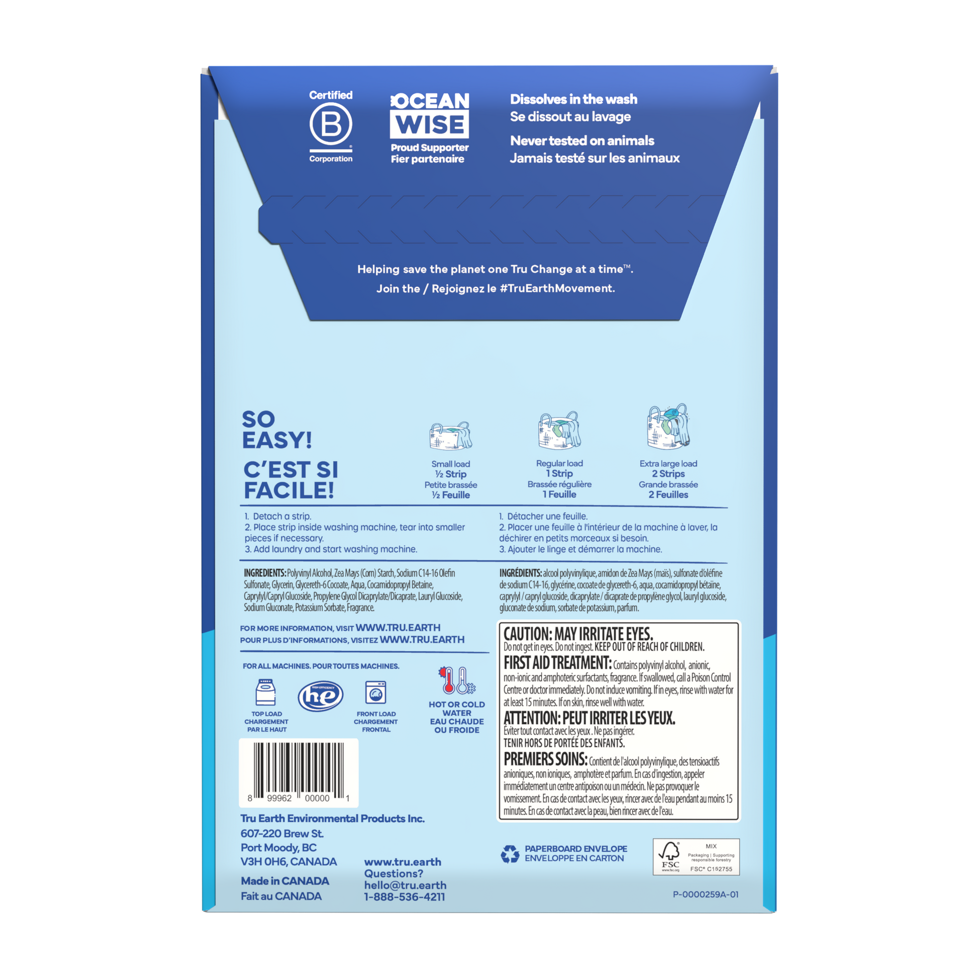 TruEarth Laundry Detergent Fresh-Linen Back of Package || 32 Strips