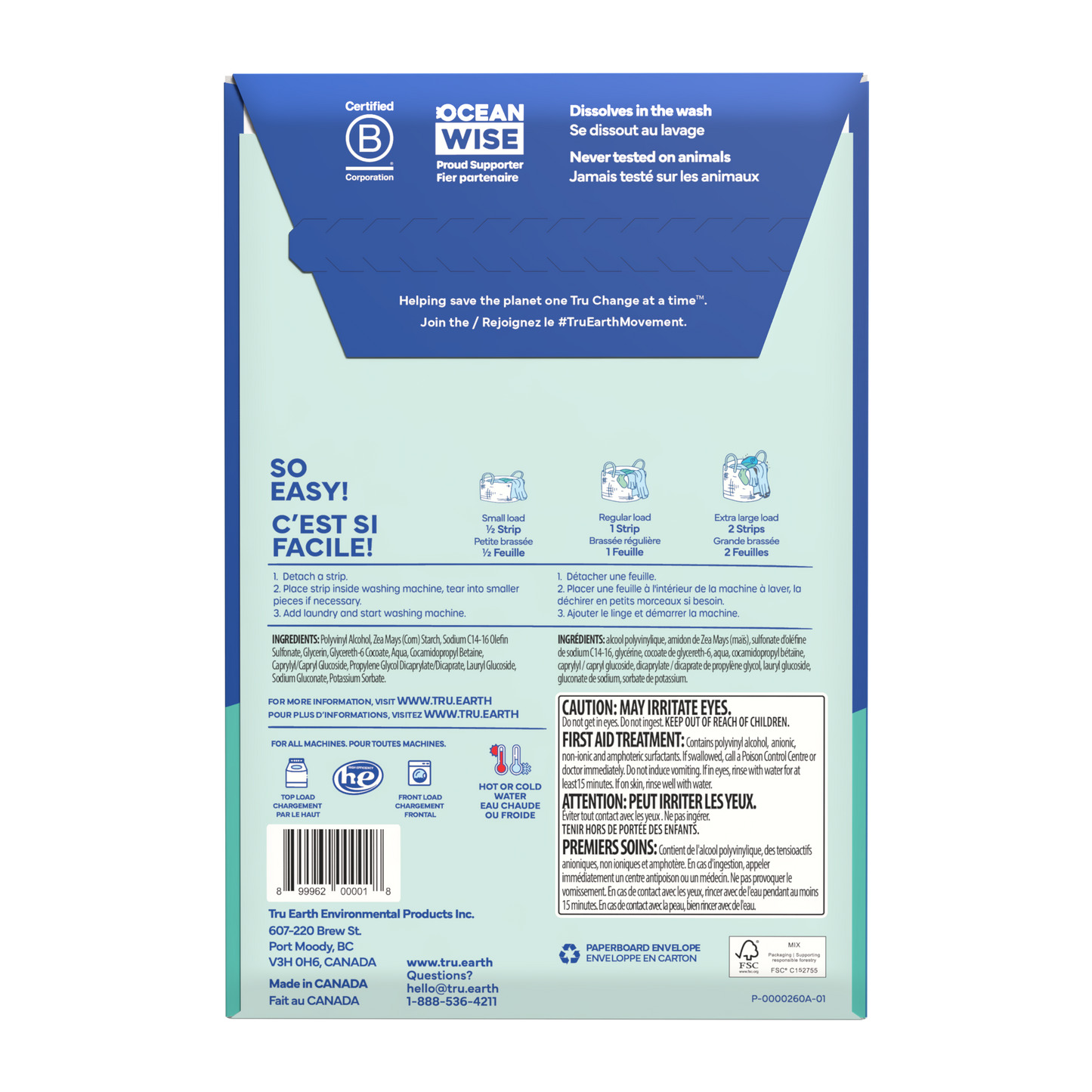 TruEarth Laundry Detergent Fragrance-Free Back of Package || 32 Strips