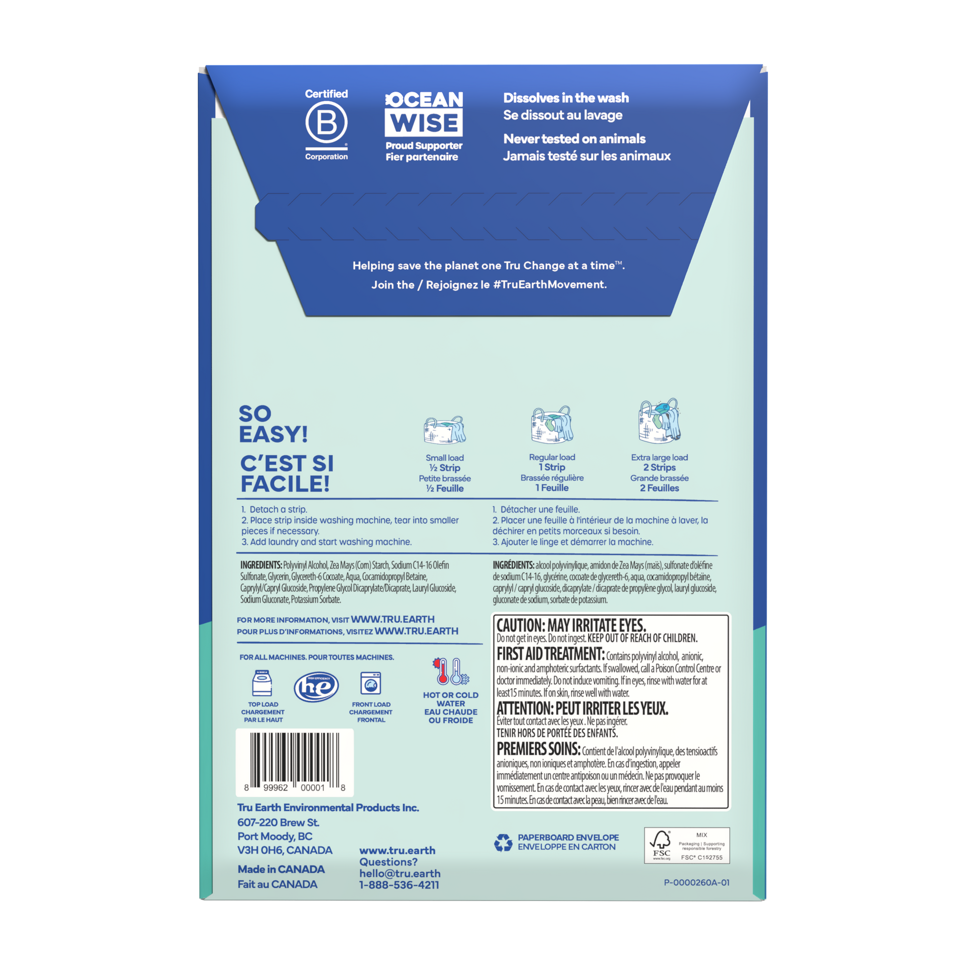 TruEarth Laundry Detergent Fragrance-Free Back of Package || 32 Strips