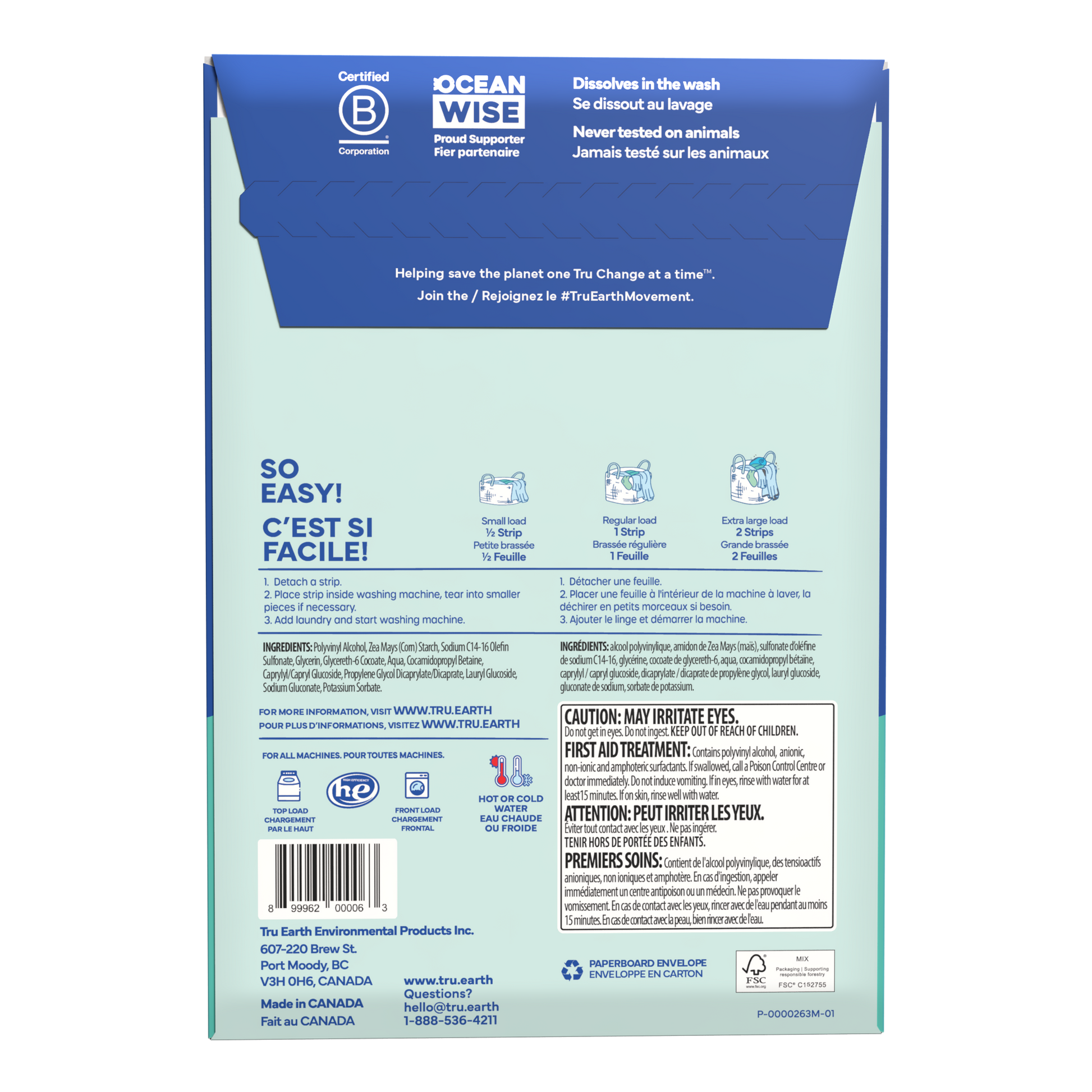 TruEarth Laundry Detergent Fragrance-Free Back of Package || 64 Strips