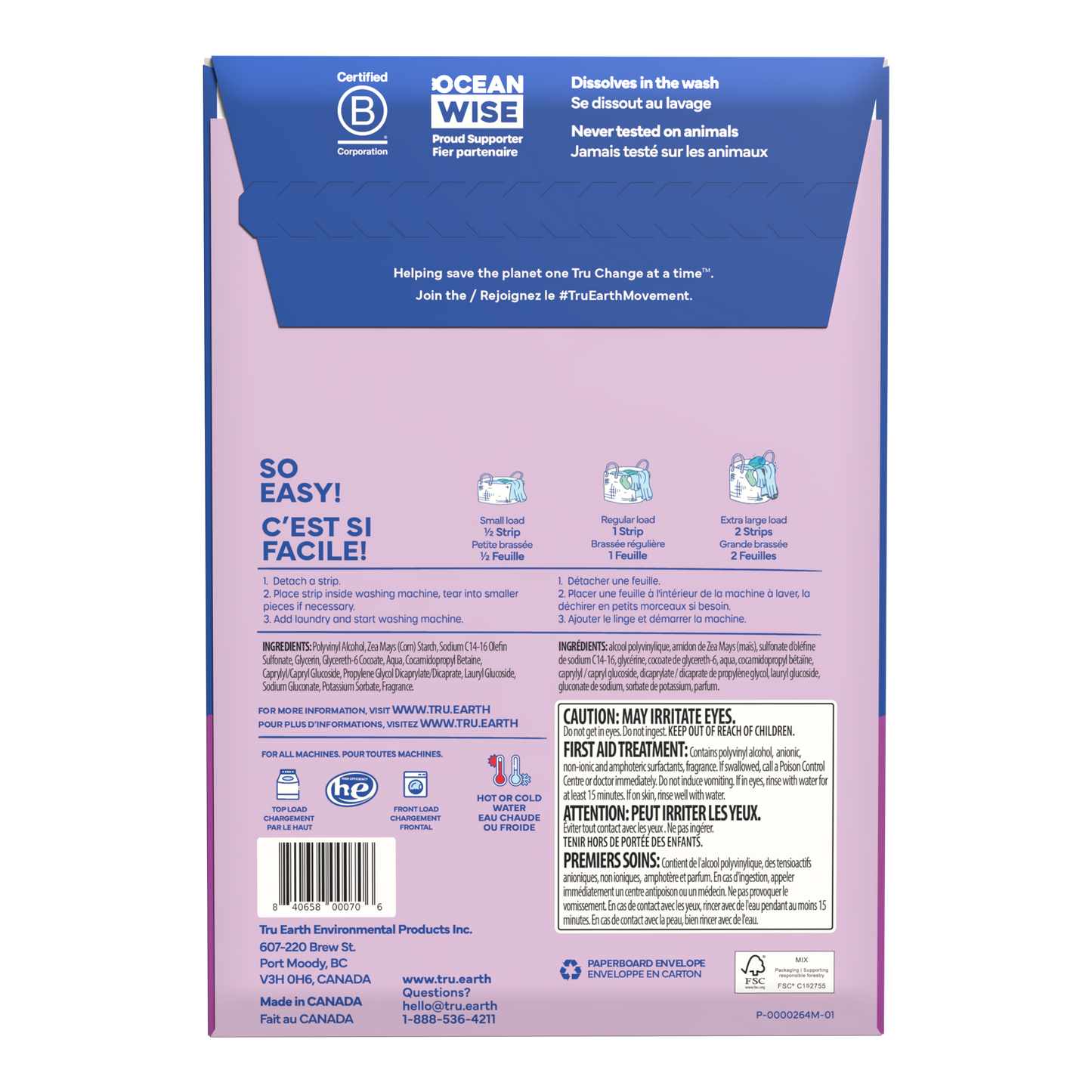 TruEarth Laundry Detergent Lilac Breeze Back of Package || 64 Strips