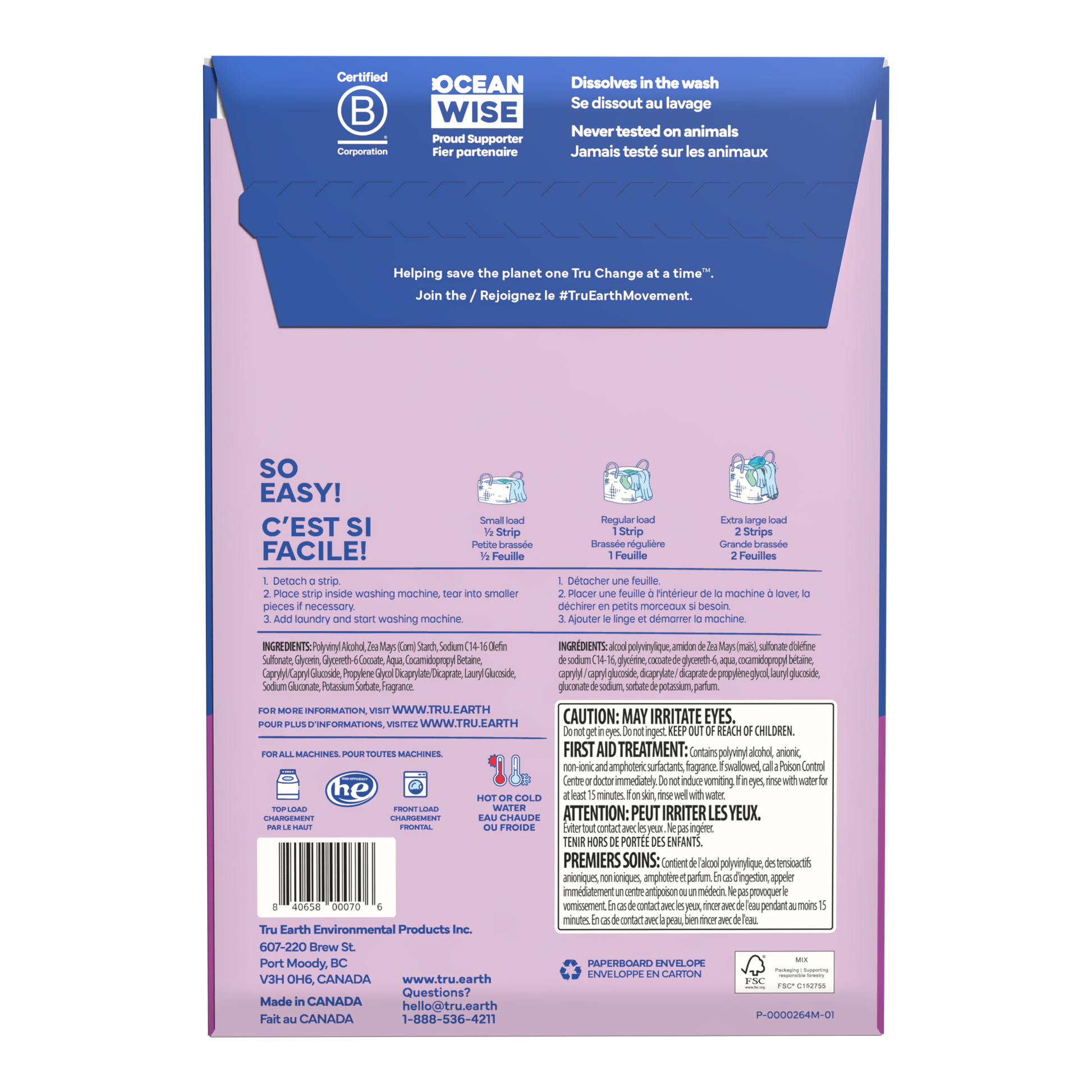 TruEarth Laundry Detergent Lilac Breeze Back of Package || 64 Strips